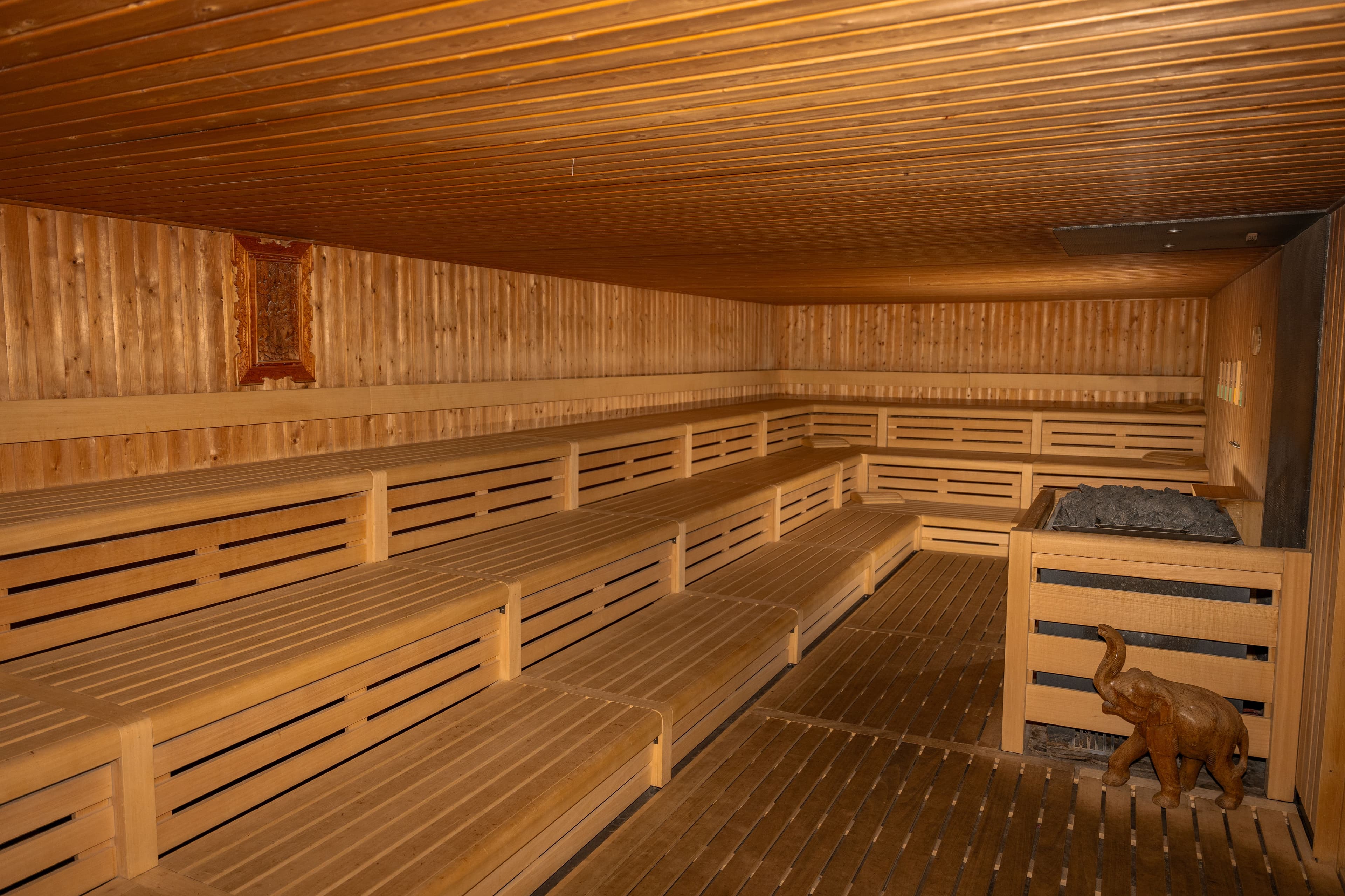 Grote houten sauna met ruime zitplaatsen voor groepen in het wellnesscentrum