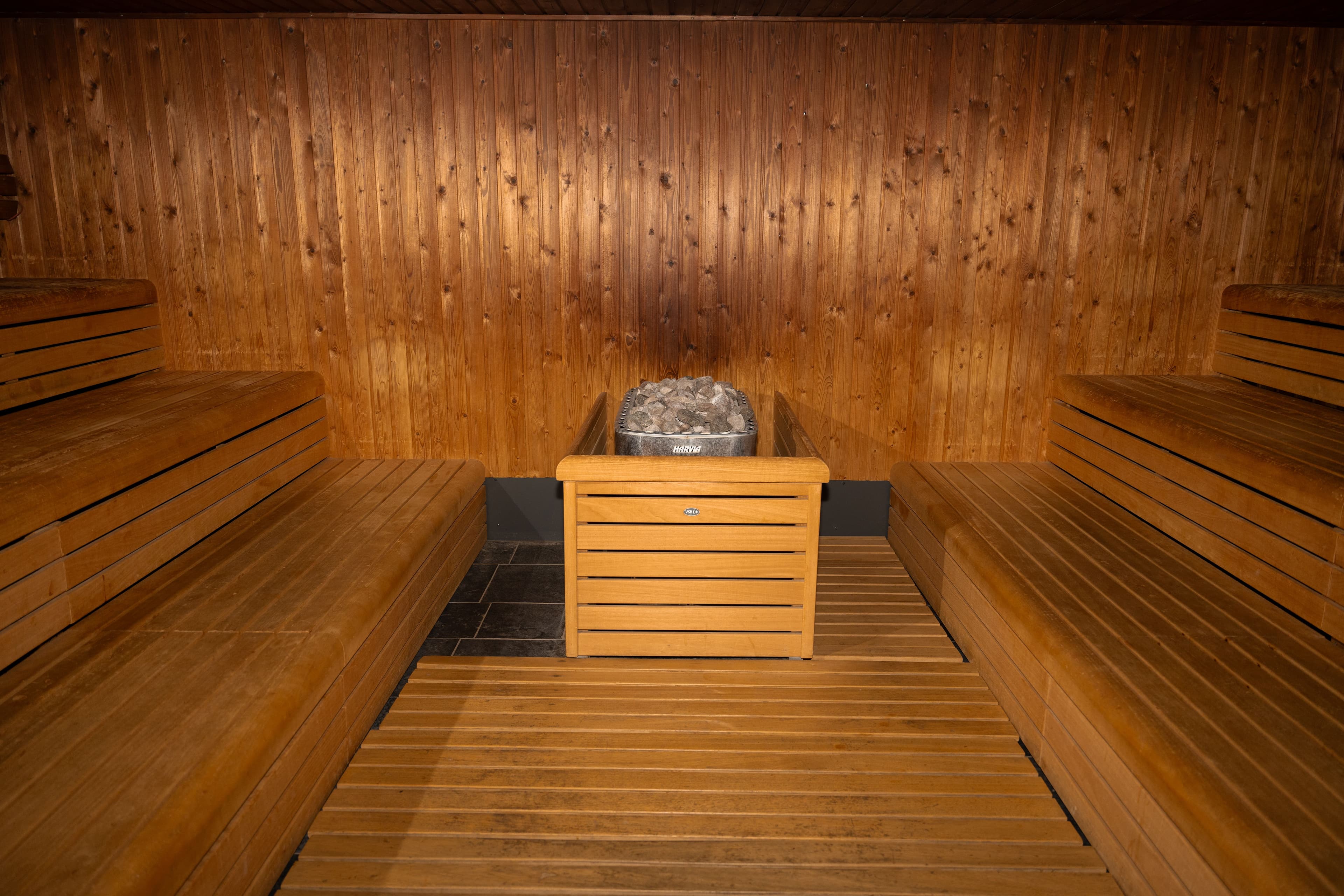 Ruime houten sauna met centraal geplaatste oven en zacht verlichte muren